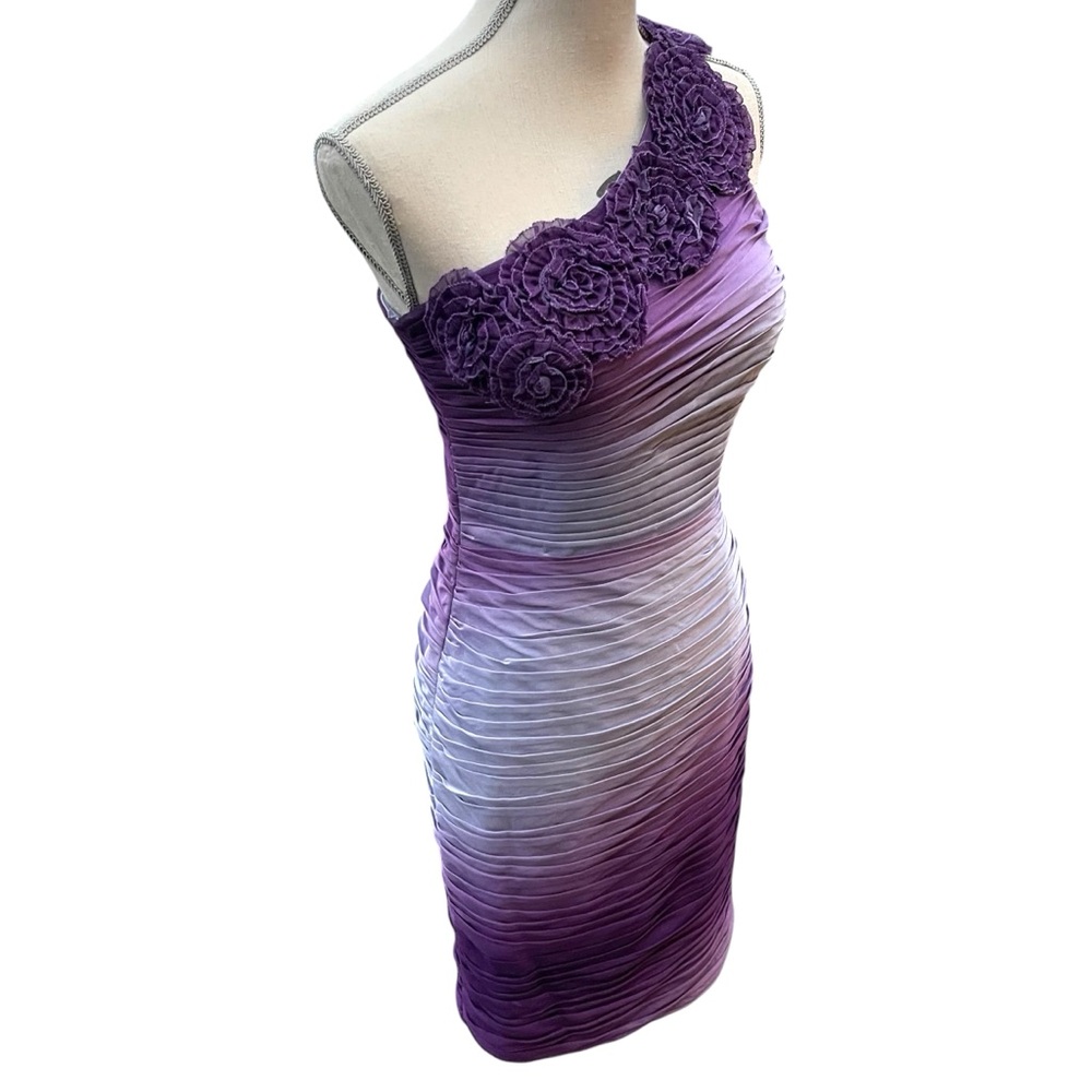 Adrianna Papell Purple Ombre One Shoulder Rosette Shutter Pleat Dress (6/8) - Picture 8 of 15